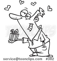 Cartoon Coloring Page Line Art of a Guy Holding a Valentines Day Gift by Toonaday