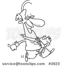Cartoon Black and White Line Drawing of a Business Man Carrying a Piggy Bank by Toonaday