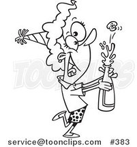 Cartoon Coloring Page Line Art of a New Year Lady Popping Open a Bottle of Champagne by Toonaday
