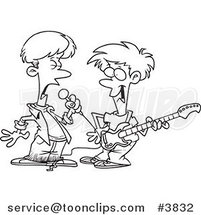 Cartoon Black and White Line Drawing of Two Boys Singing and Playing a Guitar in a Band by Toonaday