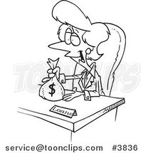 Cartoon Black and White Line Drawing of a Female Banker Giving a Loan by Toonaday