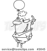 Cartoon Black and White Line Drawing of a Happy Guy Floating with a Balloon by Toonaday