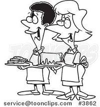 Cartoon Black and White Line Drawing of Friendly Ladies at a Bake Sale by Toonaday