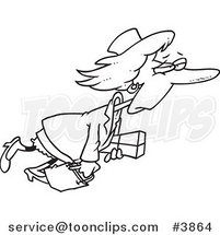 Cartoon Black and White Line Drawing of a Tired Lady Carrying a Package and Bag by Toonaday