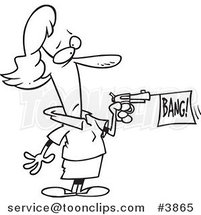 Cartoon Black and White Line Drawing of a Lady Shooting a Bang Banner out of a Gun by Toonaday