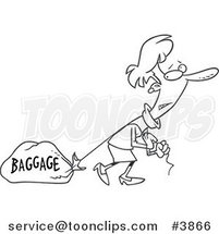 Cartoon Black and White Line Drawing of a Lady Pulling Heavy Baggage by Toonaday