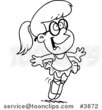 Cartoon Black and White Line Drawing of a Happy Ballerina Girl on Her Tippy Toes by Toonaday
