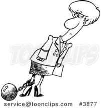 Cartoon Black and White Line Drawing of a Business Woman Pulling a Ball on a Shackle and Chain by Toonaday