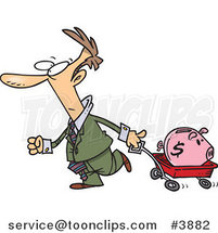 Cartoon Business Man Pulling a Piggy Bank in a Wagon by Toonaday
