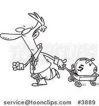 Cartoon Black and White Line Drawing of a Business Man Pulling a Piggy Bank in a Wagon by Toonaday