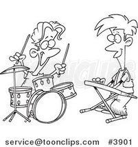 Cartoon Black and White Line Drawing of Boys Drumming and Keyboarding in a Band by Toonaday