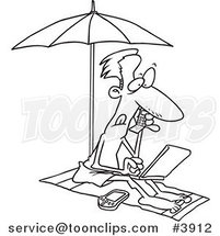 Cartoon Black and White Line Drawing of a Guy Working on the Beach by Toonaday