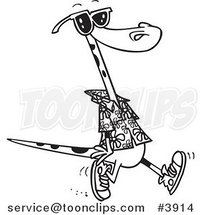 Cartoon Black and White Line Drawing of a Summer Lizard Walking on a Beach by Toonaday