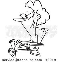 Cartoon Black and White Line Drawing of a Happy Lady Sun Bathing in a Beach Chair by Toonaday