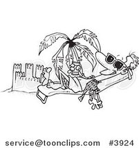 Cartoon Black and White Line Drawing of a Beach Bum Guy Tanning by a Sand Castle by Toonaday