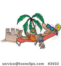 Cartoon Beach Bum Guy Tanning by a Sand Castle by Toonaday