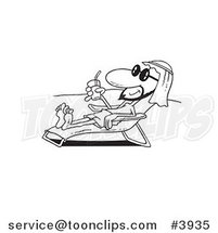Cartoon Black and White Line Drawing of a Middle Eastern Guy Sun Bathing on a Beach by Toonaday