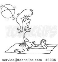 Cartoon Black and White Line Drawing of a Summer Lady Getting Hit by a Beach Ball While Sun Bathing by Toonaday