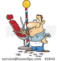 Cartoon Barber Standing by His Chair and Holding up Scissors by Toonaday
