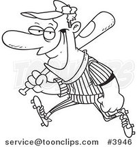 Cartoon Black and White Line Drawing of a Grinning Baseball Player by Toonaday