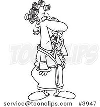Cartoon Black and White Line Drawing of a Lady in Curlers and Her Robe, Answering a Phone Call by Toonaday