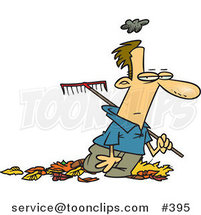 Cartoon Grumpy Guy Raking Autumn Leaves by Toonaday