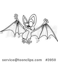 Cartoon Black and White Line Drawing of a Flying Bat Holding His Wings Open by Toonaday