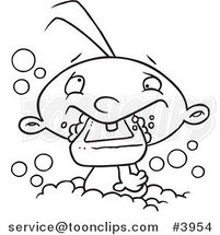 Cartoon Black and White Line Drawing of a Baby Boy Eating Soap in the Bath Tub by Toonaday