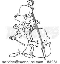 Cartoon Black and White Line Drawing of a Female Bass Player by Toonaday