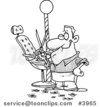 Cartoon Black and White Line Drawing of a Barber Standing by His Chair and Holding up Scissors by Toonaday