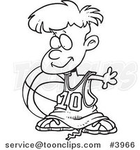 Cartoon Black and White Line Drawing of a Basketball Boy with a Big Ball by Toonaday
