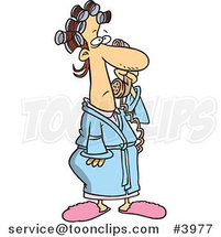 Cartoon Lady in Curlers and Her Robe, Answering a Phone Call by Toonaday