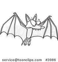 Cartoon Black and White Line Drawing of a Flying Bat by Toonaday