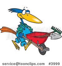 Cartoon Bird Landscaper Pushing a Wheel Barrow by Toonaday