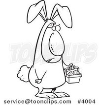 Cartoon Black and White Line Drawing of an Easter Bunny Guy Carrying a Basket by Toonaday