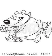 Cartoon Black and White Line Drawing of a Business Bear Walking by Toonaday
