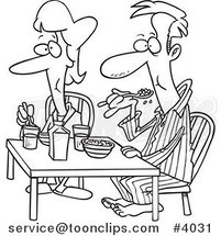 Cartoon Black and White Line Drawing of a Couple Eating Breakfast Together by Toonaday