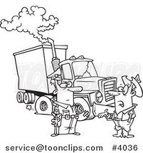 Cartoon Black and White Line Drawing of a Police Guy Assisting a Trucker with a Broken down Rig by Toonaday