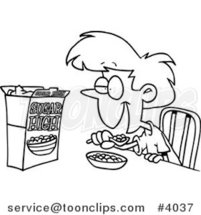 Cartoon Black and White Line Drawing of a Girl Eating Sugary Cereal by Toonaday