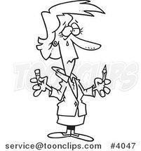 Cartoon Black and White Line Drawing of a Business Woman Holding a Broken Pencil by Toonaday