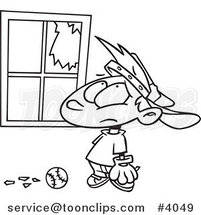 Cartoon Black and White Line Drawing of a Baseball Boy Looking at a Broken Window by Toonaday