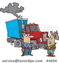 Cartoon Police Guy Assisting a Trucker with a Broken down Rig by Toonaday