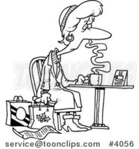 Cartoon Black and White Line Drawing of a Tired Christmas Shopper Drinking Coffee by Toonaday