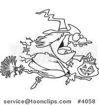 Cartoon Black and White Line Drawing of a Halloween Witch Flying on Her Broom by Toonaday