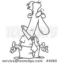 Cartoon Black and White Line Drawing of a Penniless Business Man by Toonaday