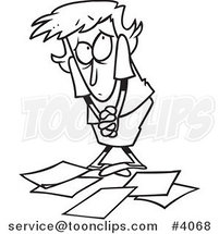 Cartoon Black and White Line Drawing of a Berated Business Woman Standing over Papers by Toonaday