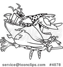 Cartoon Black and White Line Drawing of a Befana Witch Flying with Gifts by Toonaday