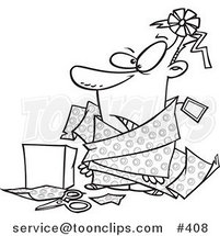 Cartoon Coloring Page Line Art of a Guy Tangled in Wrapping Paper by Toonaday
