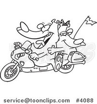 Cartoon Black and White Line Drawing of a Bear Couple on a Motorcycle by Toonaday