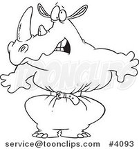 Cartoon Black and White Line Drawing of a Rhino Wearing a Tight Belt by Toonaday